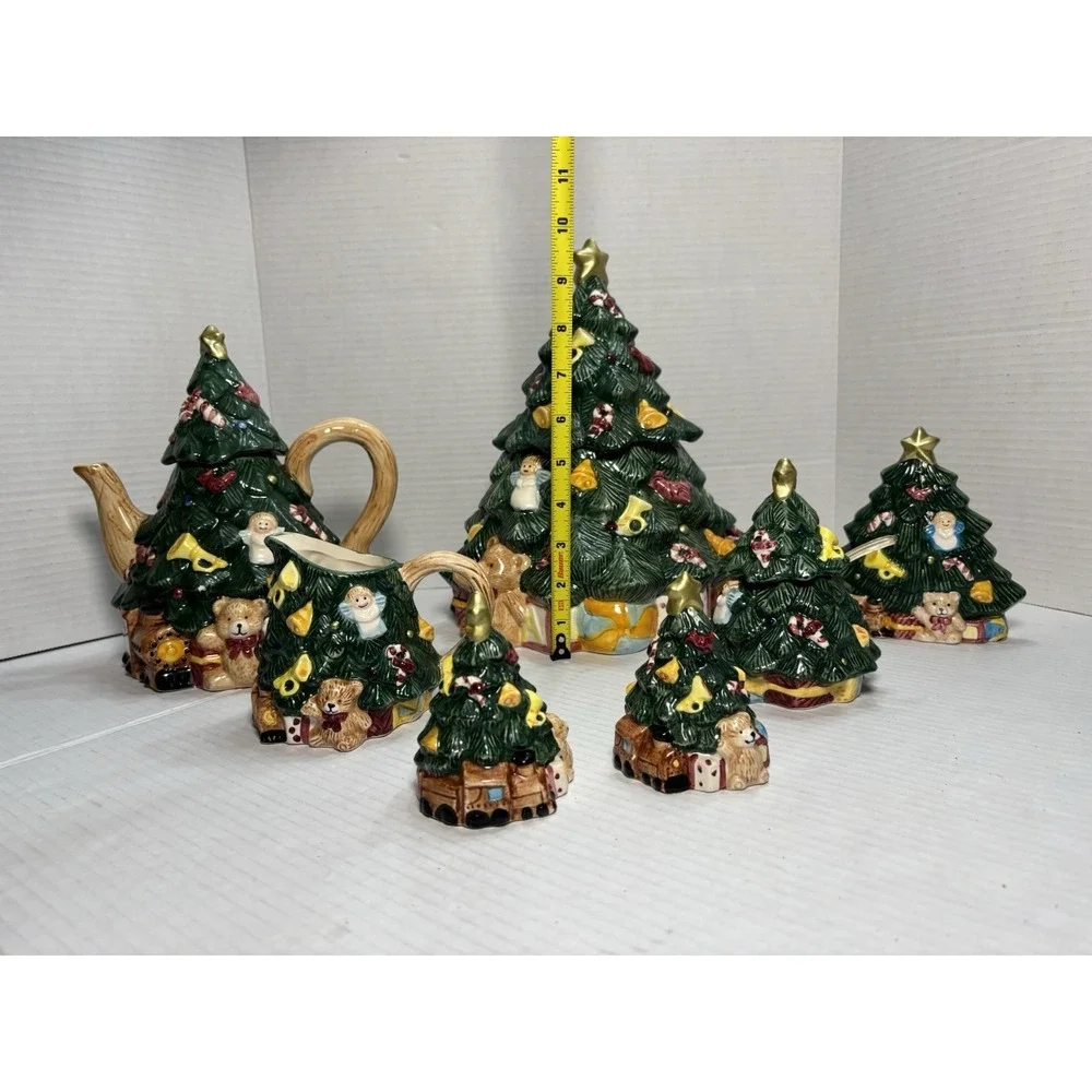 RARE! Vintage 1995 Jay Import Christmas Tree Tea Teapot‎ Creamer Cookie Jar Set